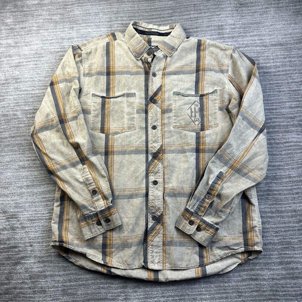 Harley Davidson Shirt Mens Large Beige Tan Plaid Mechanic Motorcycles Biker